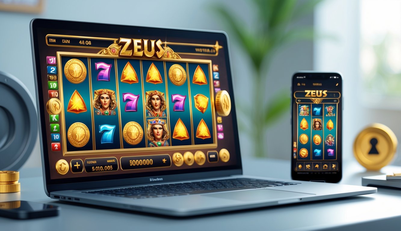 Tampilan perangkat digital yang menunjukkan permainan slot bertema Zeus dengan simbol warna-warni di meja kerja yang rapi dan terang.