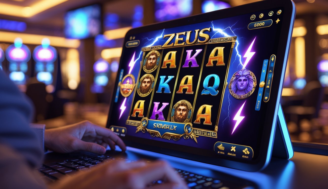 Seseorang sedang bermain permainan slot online bertema Zeus dengan layar perangkat yang menampilkan gulungan warna-warni dan latar belakang suasana kasino.