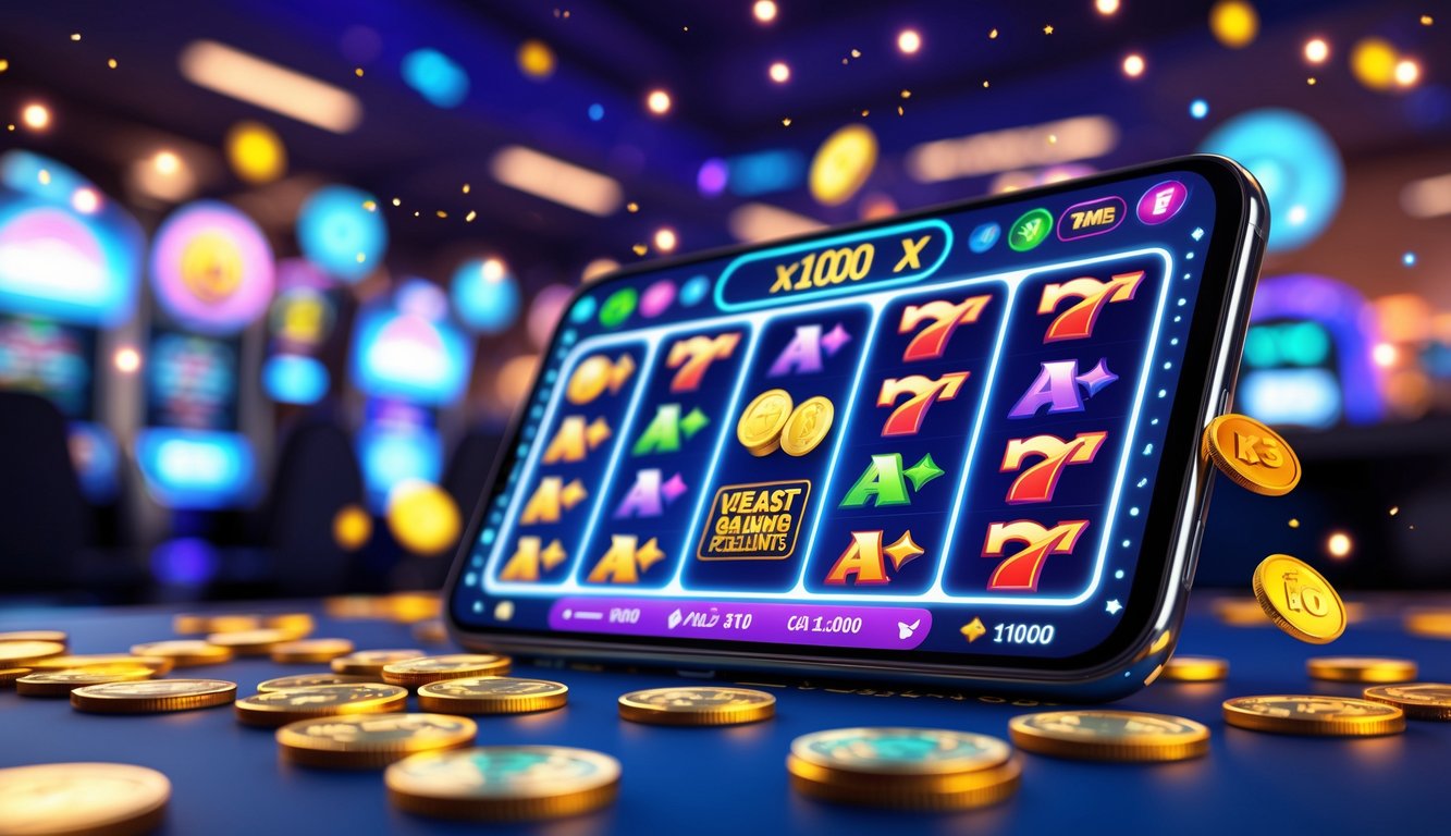 Seorang pemain menggunakan ponsel dengan tampilan permainan slot digital yang berwarna-warni di latar belakang suasana kasino modern.