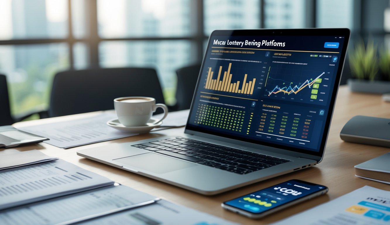 Seorang profesional sedang bekerja di meja dengan laptop yang menampilkan grafik dan data terkait analisis platform taruhan togel Macau, dengan dokumen dan ponsel di sekitarnya.