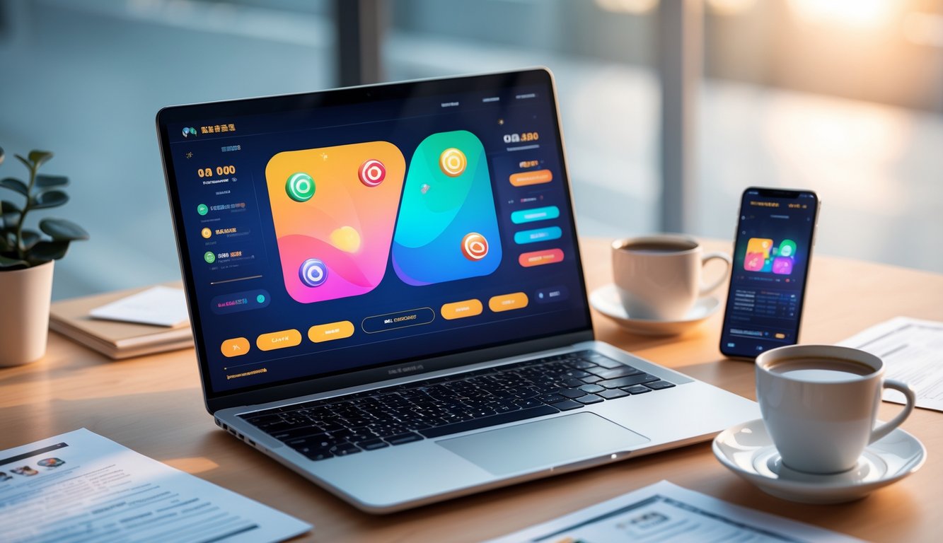 Meja kerja modern dengan laptop yang menampilkan antarmuka platform togel, smartphone, dokumen, dan secangkir kopi.