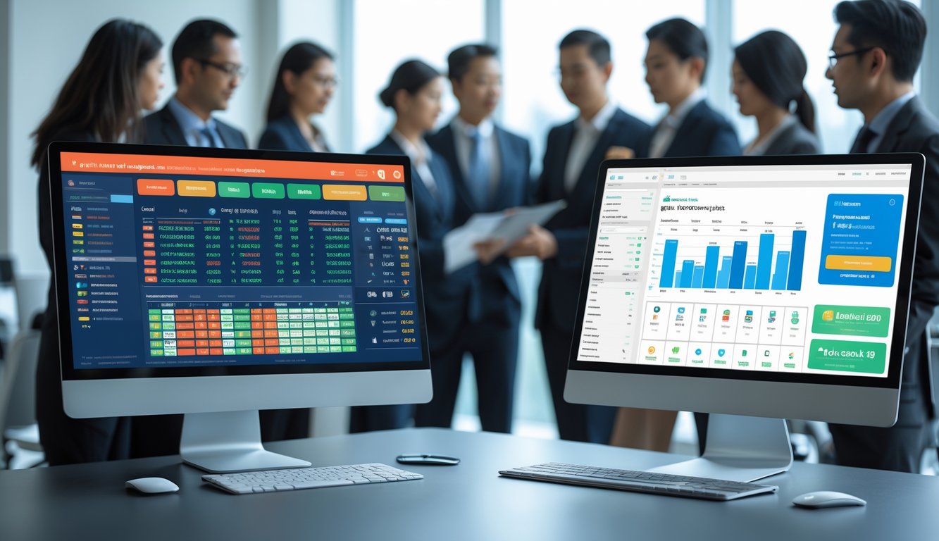 Dua layar komputer di meja kantor menampilkan antarmuka platform togel yang berbeda dengan beberapa orang berdiskusi di latar belakang.