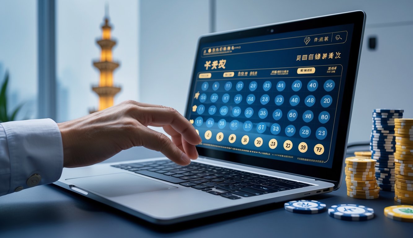Seseorang menggunakan laptop di meja kerja dengan tampilan angka lotre digital dan model menara Macau di latar belakang.