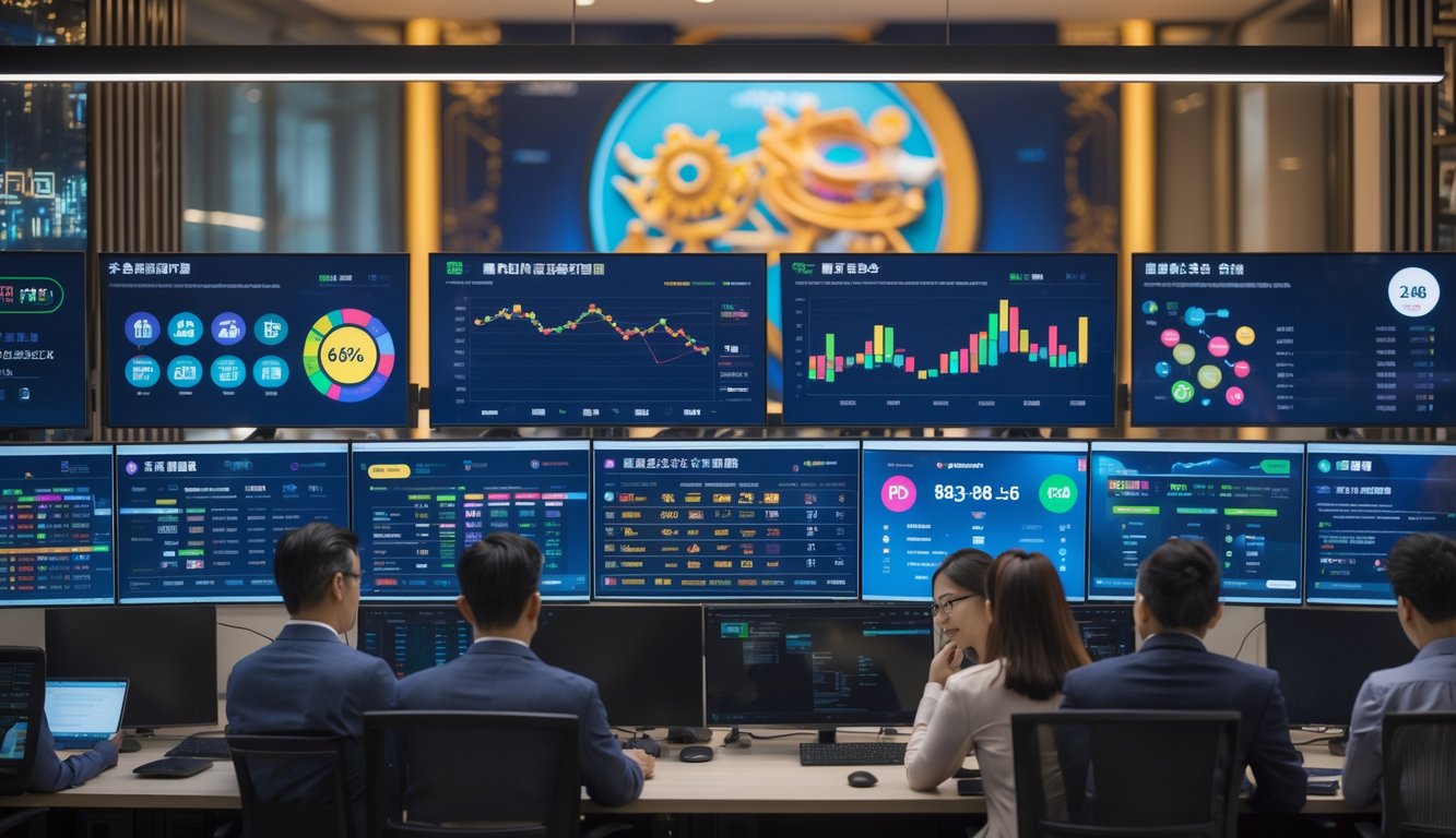 Seorang profesional sedang bekerja dengan beberapa layar komputer yang menampilkan data dan grafik terkait hasil togel di sebuah kantor modern.