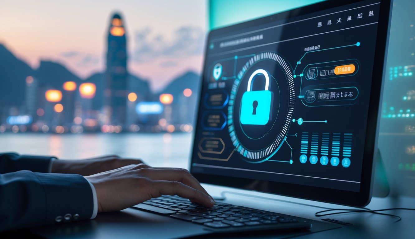 Seseorang menggunakan komputer dengan tampilan layar yang menunjukkan simbol keamanan digital dan grafik transaksi, dengan latar belakang samar pemandangan kota Macau.