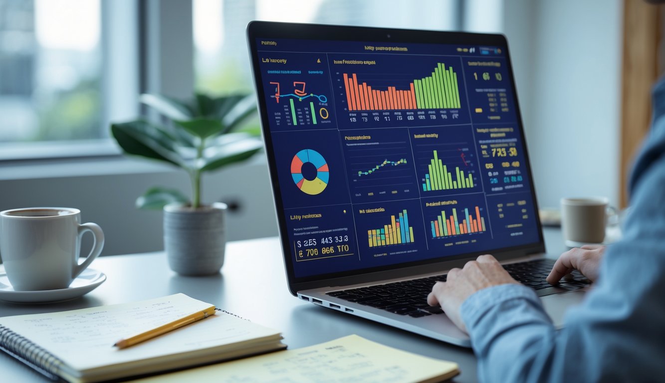 Seorang profesional sedang menganalisis data angka dan grafik pada layar komputer di ruang kerja yang rapi.