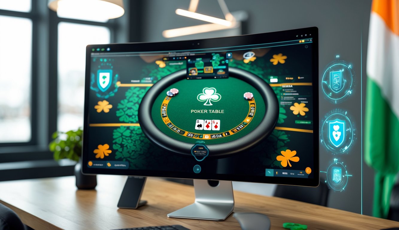 Tampilan antarmuka permainan poker online bertema Irlandia dengan elemen keamanan digital di latar belakang.