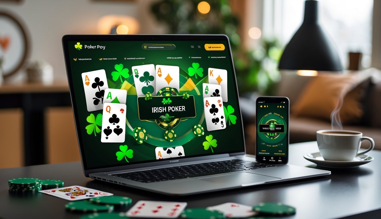 Sebuah laptop dan smartphone menampilkan permainan poker online dengan tema Irlandia di atas meja kerja.