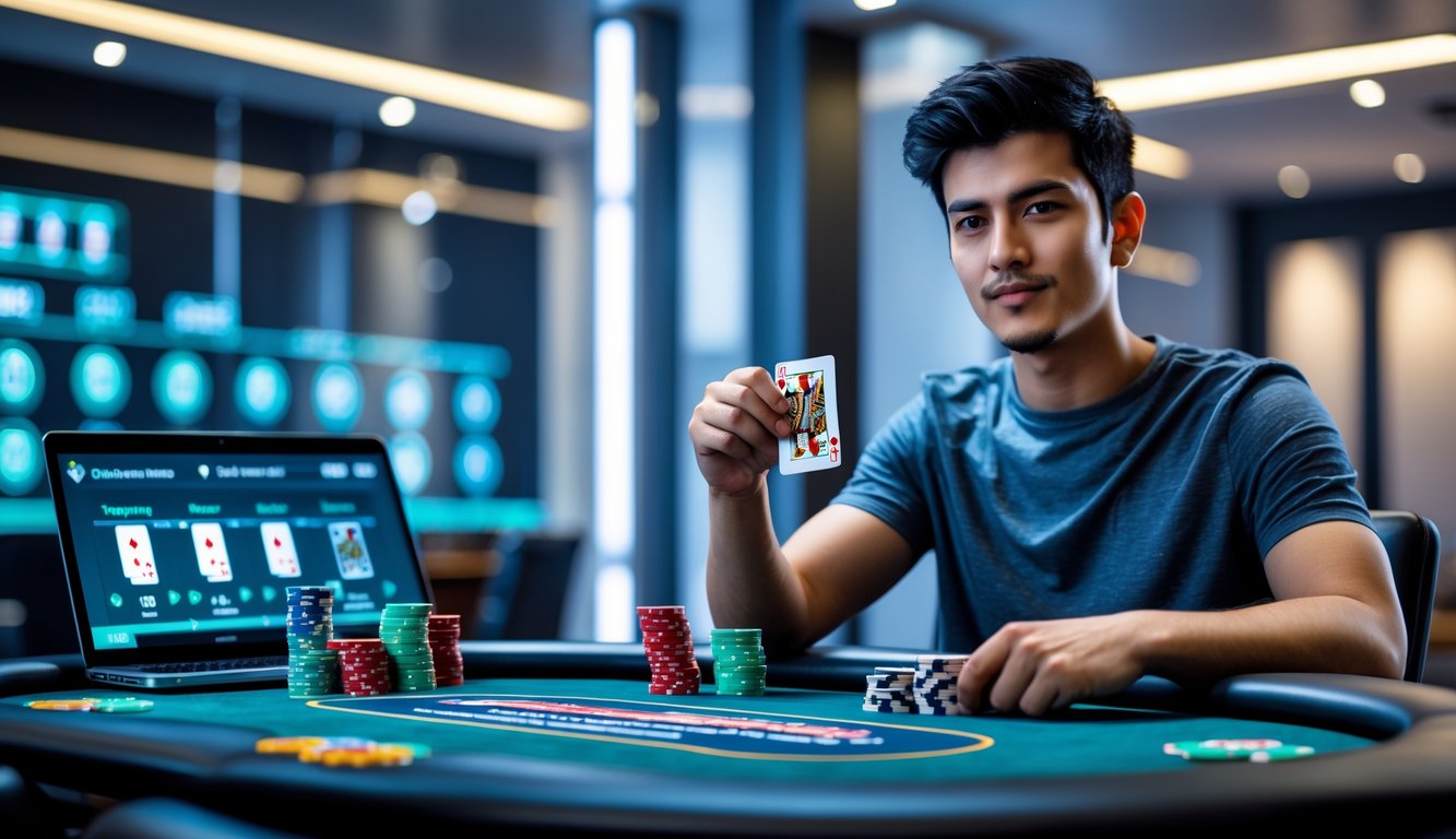 Seorang pria muda duduk di meja poker dengan kartu dan tumpukan chip, fokus bermain poker online.