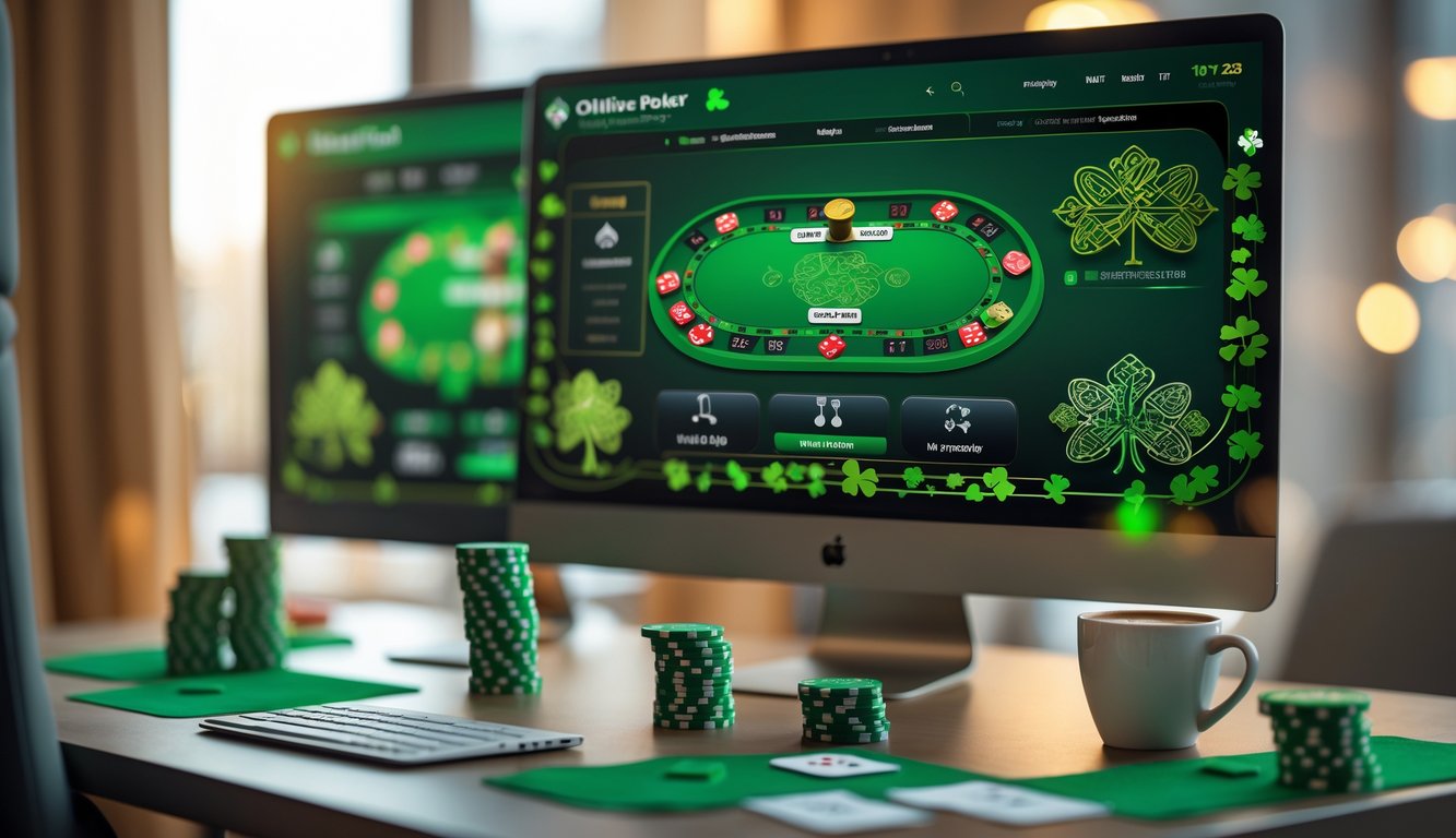 Meja poker online dengan komputer menampilkan permainan poker bertema Irlandia, dilengkapi chip dan kartu di atas meja.