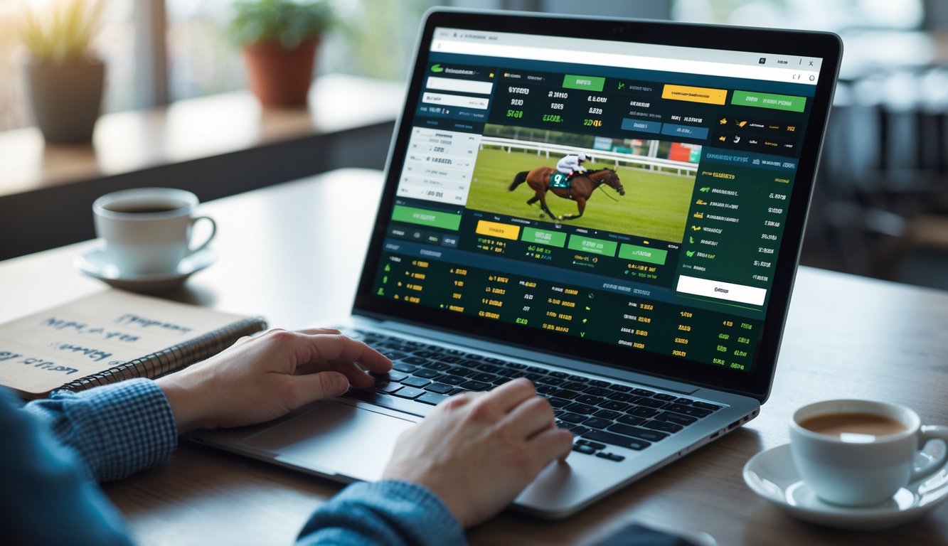 Seseorang menggunakan laptop dengan tampilan platform taruhan balap kuda online di meja kerja yang rapi.