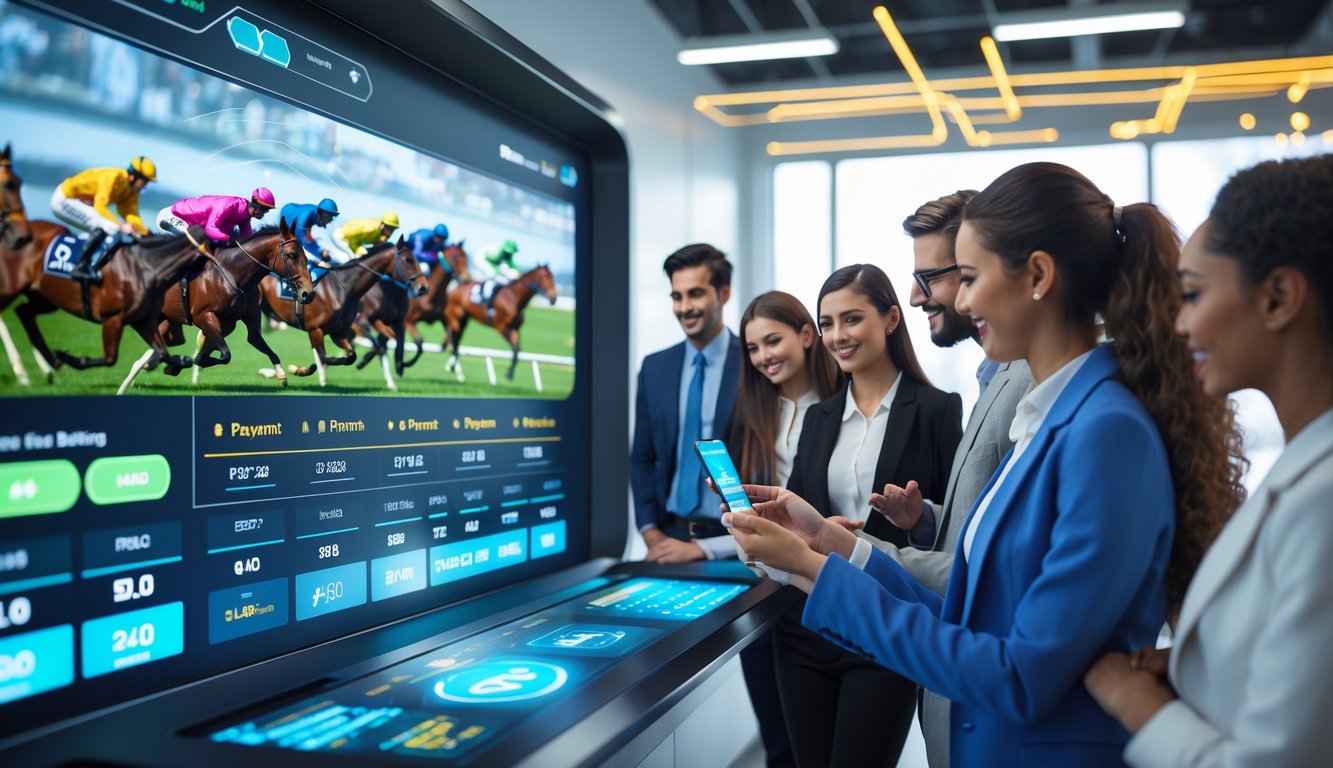 Orang-orang menggunakan platform taruhan balap kuda di kantor modern dengan layar digital dan pembayaran cepat.
