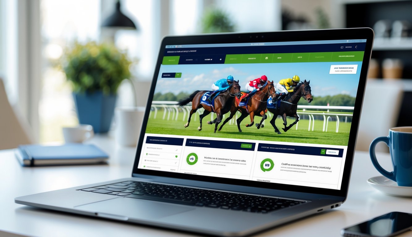 Seorang pengguna di depan komputer dengan tampilan situs balap kuda online, di ruang kerja yang rapi dan terang.