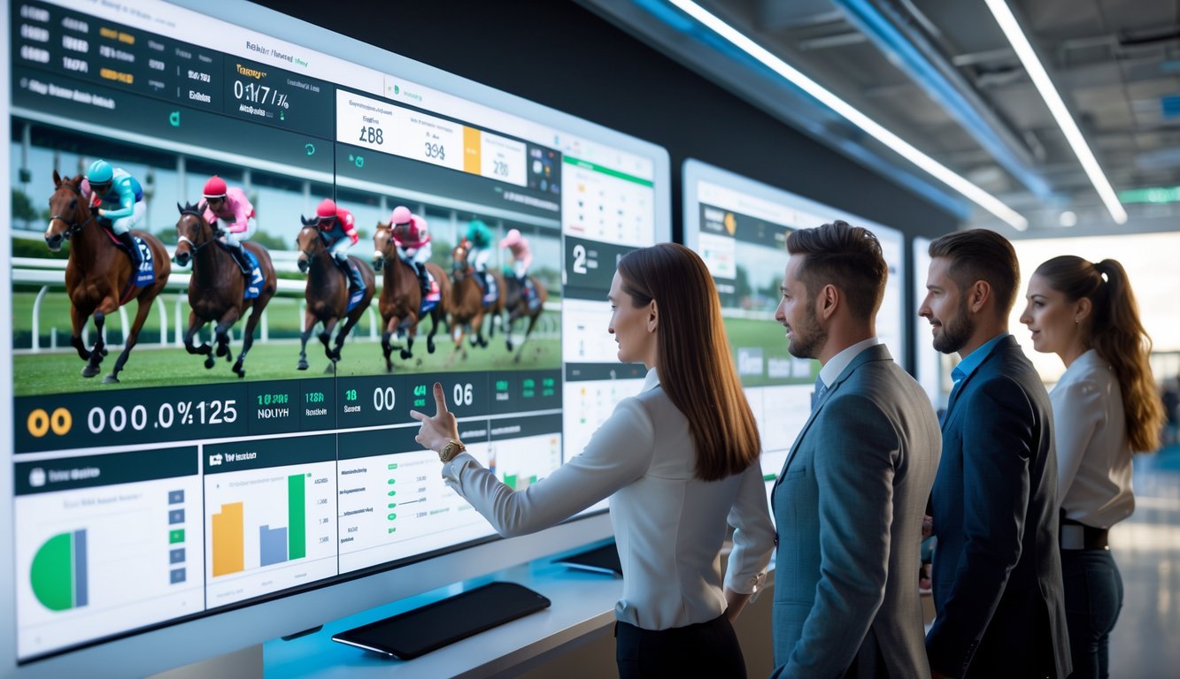 Orang-orang menggunakan layar sentuh besar untuk melihat siaran langsung balapan kuda dan statistik lengkap di ruangan modern.