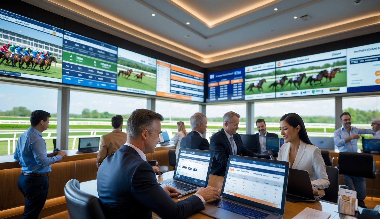 Suasana ruang taruhan balap kuda modern dengan orang-orang menggunakan perangkat digital untuk memasang taruhan dan layar besar menampilkan balapan kuda secara langsung.