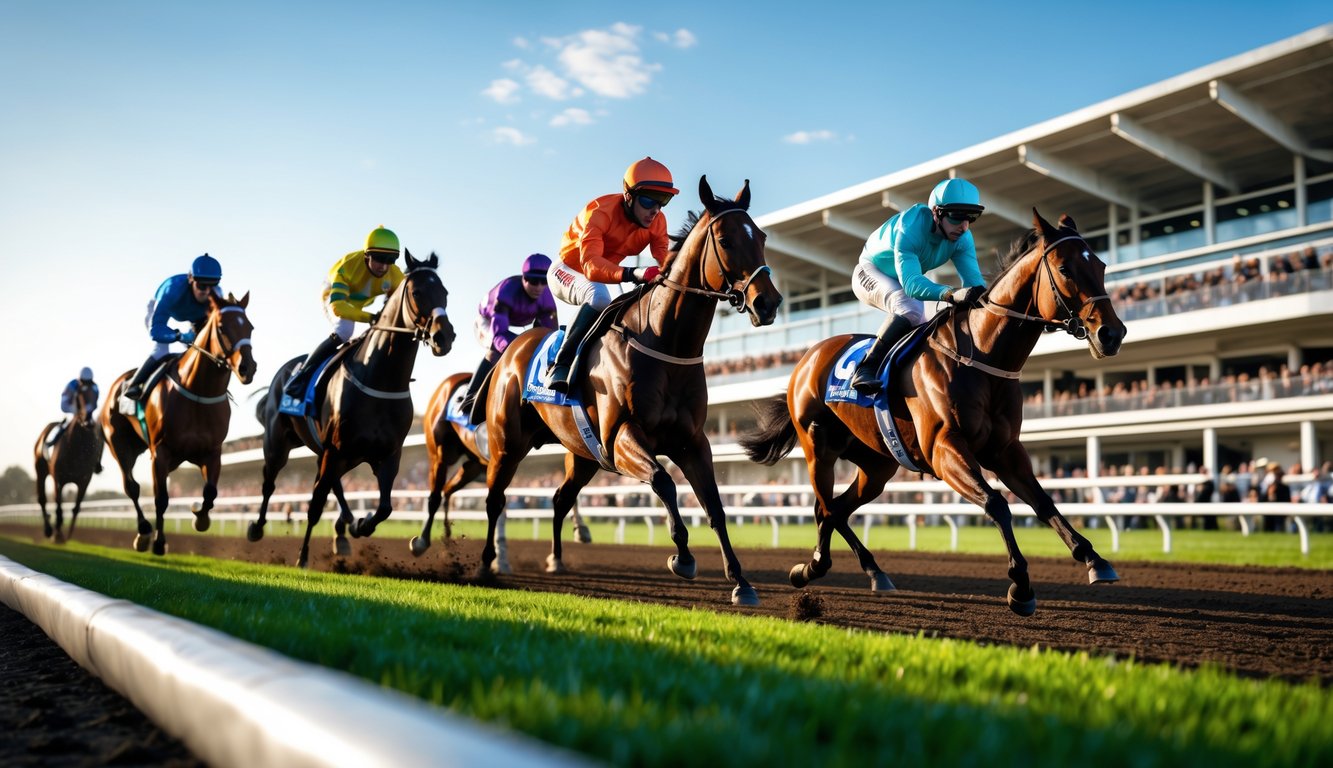 Beberapa kuda pacuan dengan joki sedang berlari cepat di lintasan balap kuda dengan penonton di tribun.