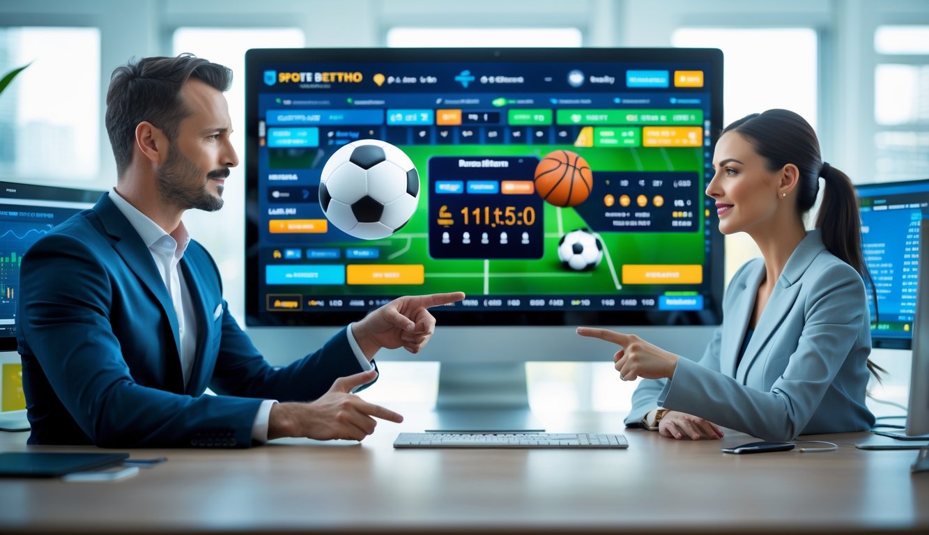 Dua orang profesional sedang berdiskusi di depan layar komputer yang menampilkan berbagai jenis olahraga dan peluang taruhan dalam sebuah kantor modern.