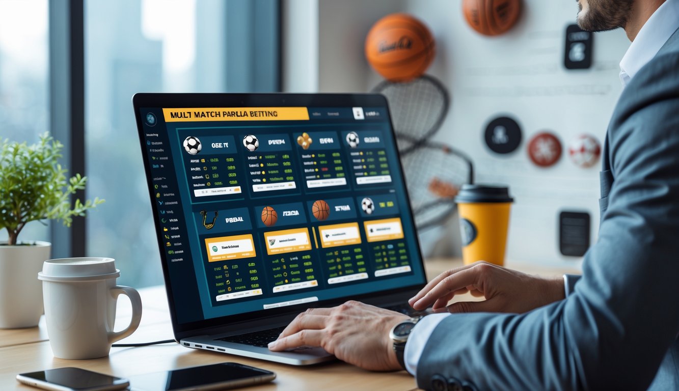 Seseorang menggunakan komputer dengan tampilan berbagai pilihan taruhan olahraga dalam suasana kerja yang rapi dan profesional.