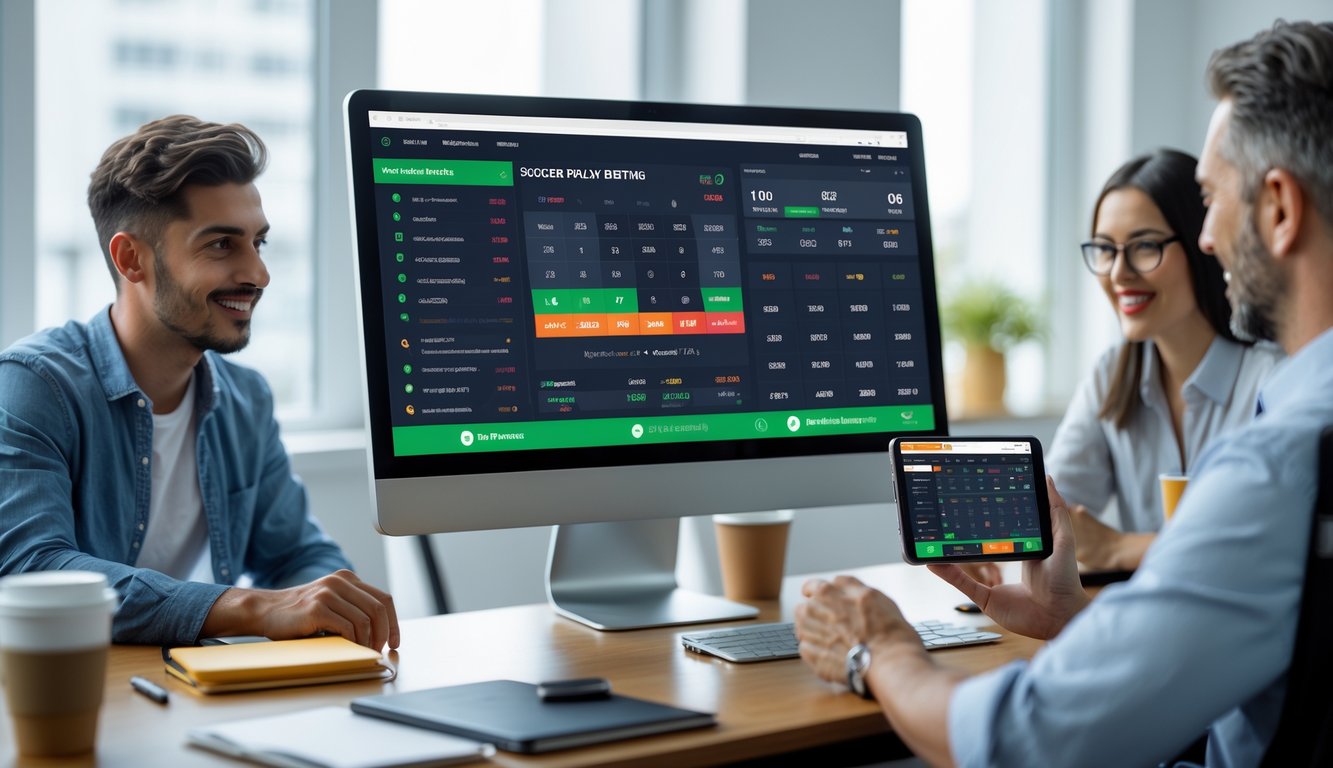 Beberapa orang menggunakan perangkat digital untuk mengakses platform taruhan bola parlay di ruangan kantor yang terang.