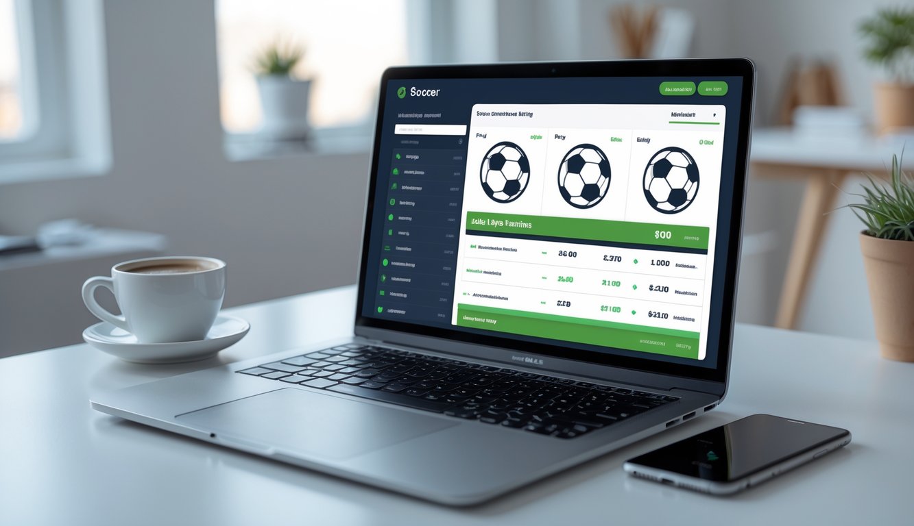 Seorang pria menggunakan laptop di ruang kerja yang rapi dengan tampilan antarmuka taruhan bola online di layar.