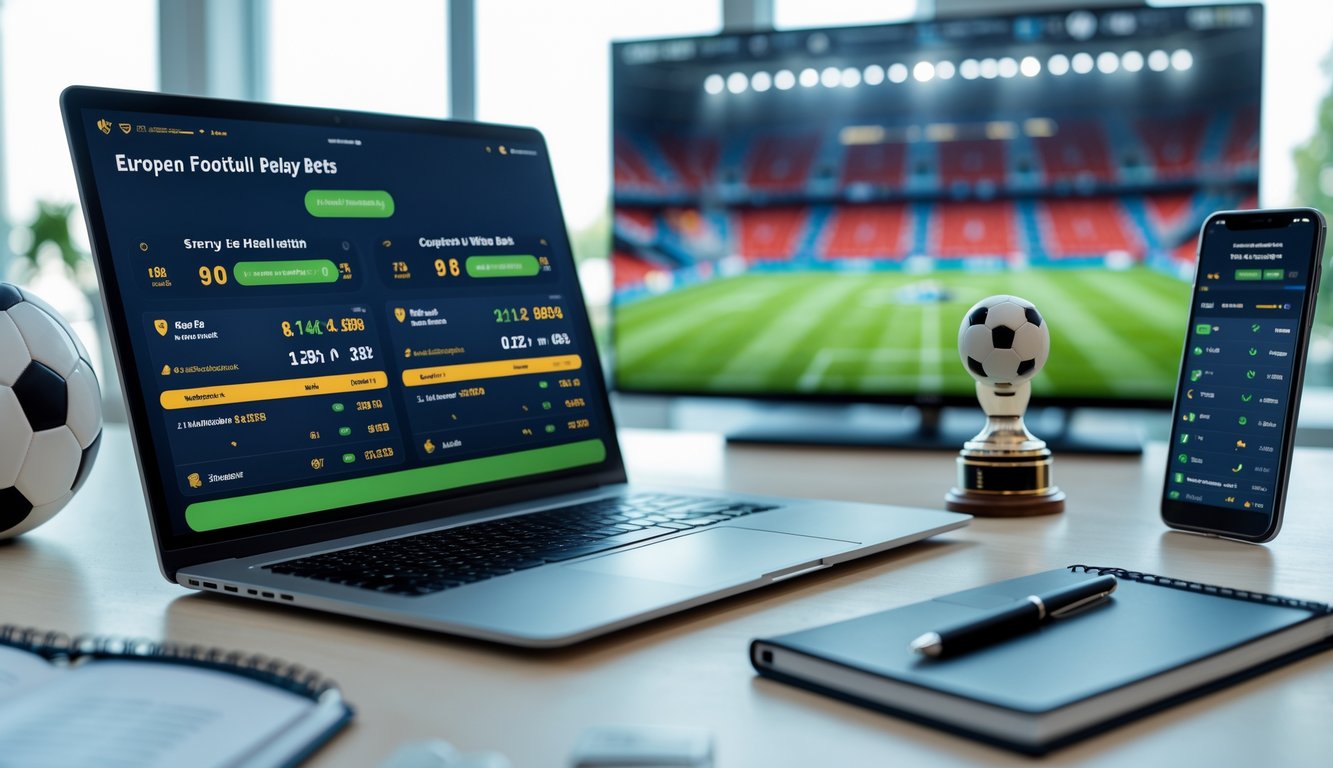 Seorang pengguna melihat layar laptop dan ponsel yang menampilkan informasi taruhan sepak bola Eropa dengan bola sepak dan piala kecil di meja kantor.