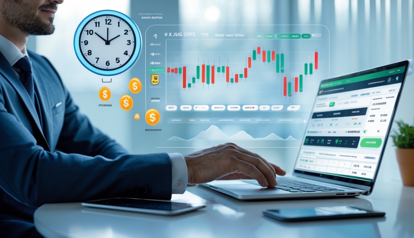 Seorang pria menggunakan laptop di kantor modern dengan tampilan platform taruhan olahraga online dan elemen yang menunjukkan layanan pembayaran cepat 24 jam.