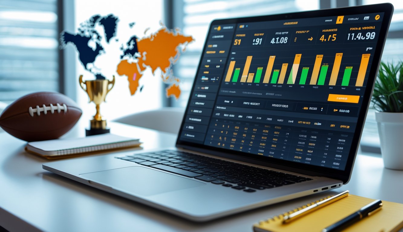 Seorang pria menggunakan laptop dan smartphone untuk memasang taruhan bola dengan tampilan odds dan jadwal pertandingan liga sepak bola dunia di meja kerja.