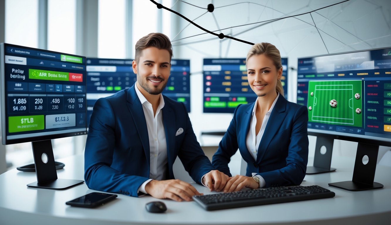 Seorang pria dan wanita duduk di depan komputer dengan tampilan taruhan olahraga online yang modern dan profesional.