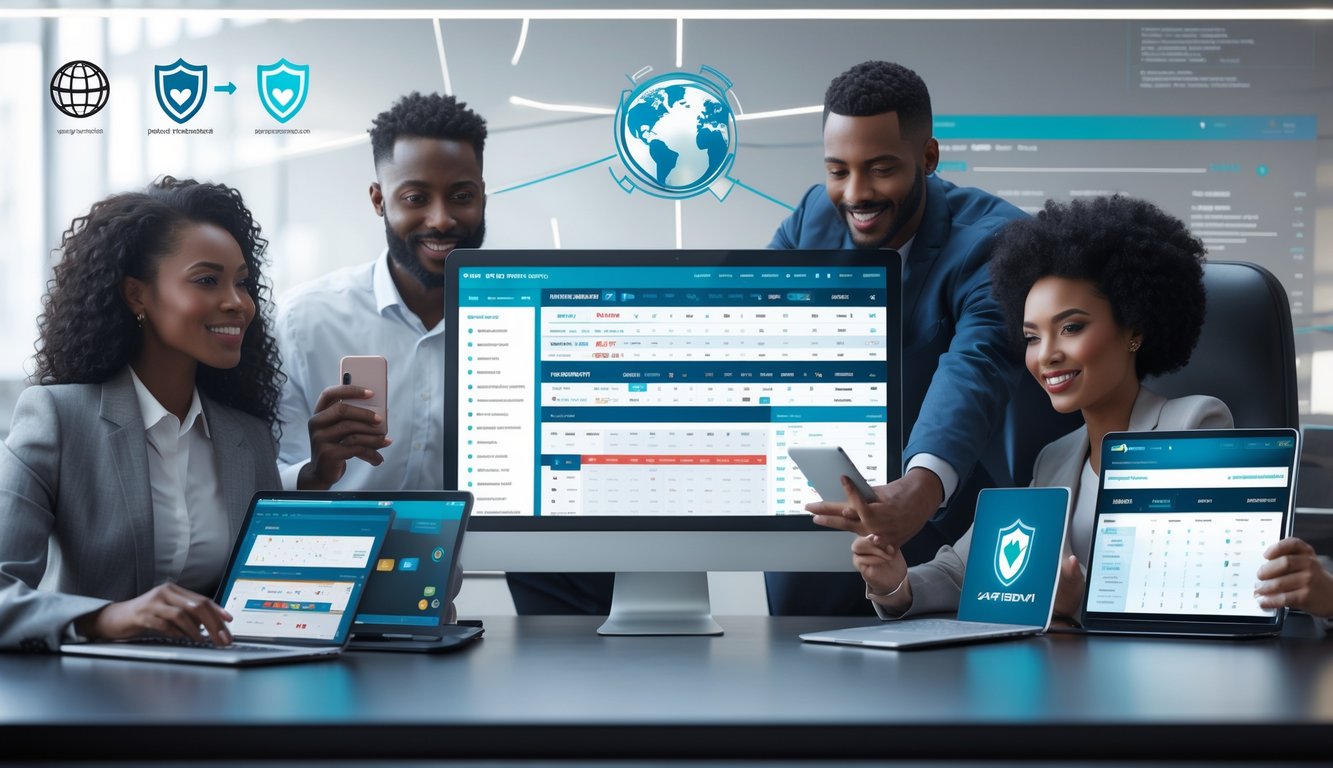 Beberapa orang sedang menggunakan perangkat digital di sebuah kantor modern dengan simbol keamanan dan lisensi internasional di latar belakang.