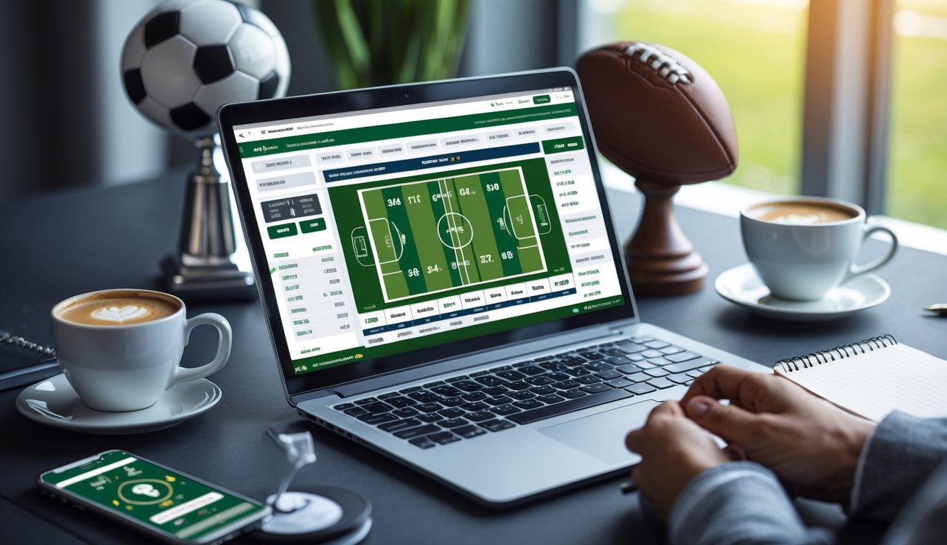 Seorang pria menggunakan laptop dan smartphone untuk memasang taruhan sepak bola harian di meja kerja dengan kopi dan alat tulis di sekitarnya.