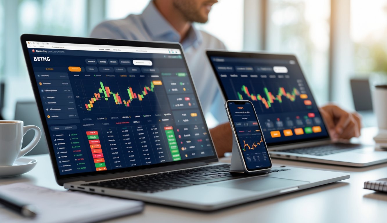Seorang profesional menggunakan beberapa perangkat digital yang menampilkan platform taruhan online dengan berbagai pilihan taruhan dalam suasana kantor yang terang dan rapi.