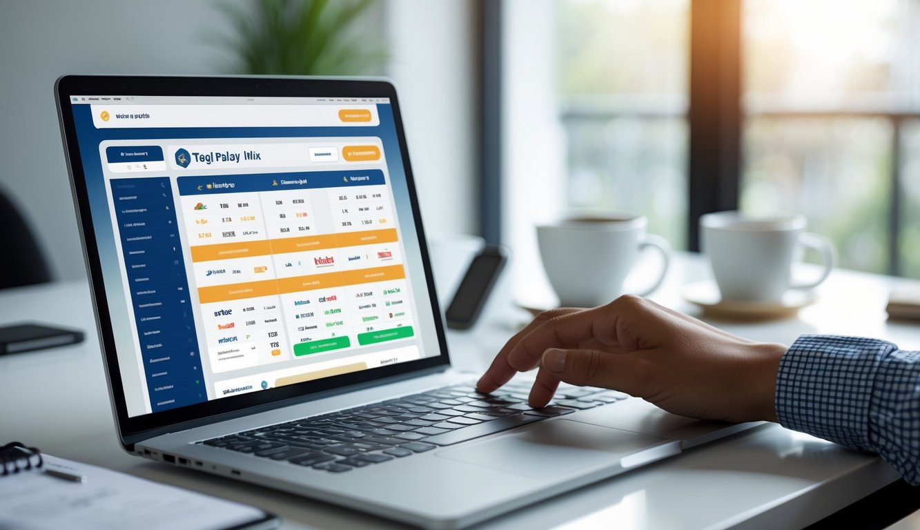 Seseorang menggunakan laptop dengan tampilan situs taruhan online yang menampilkan berbagai opsi taruhan dan pasar lengkap.