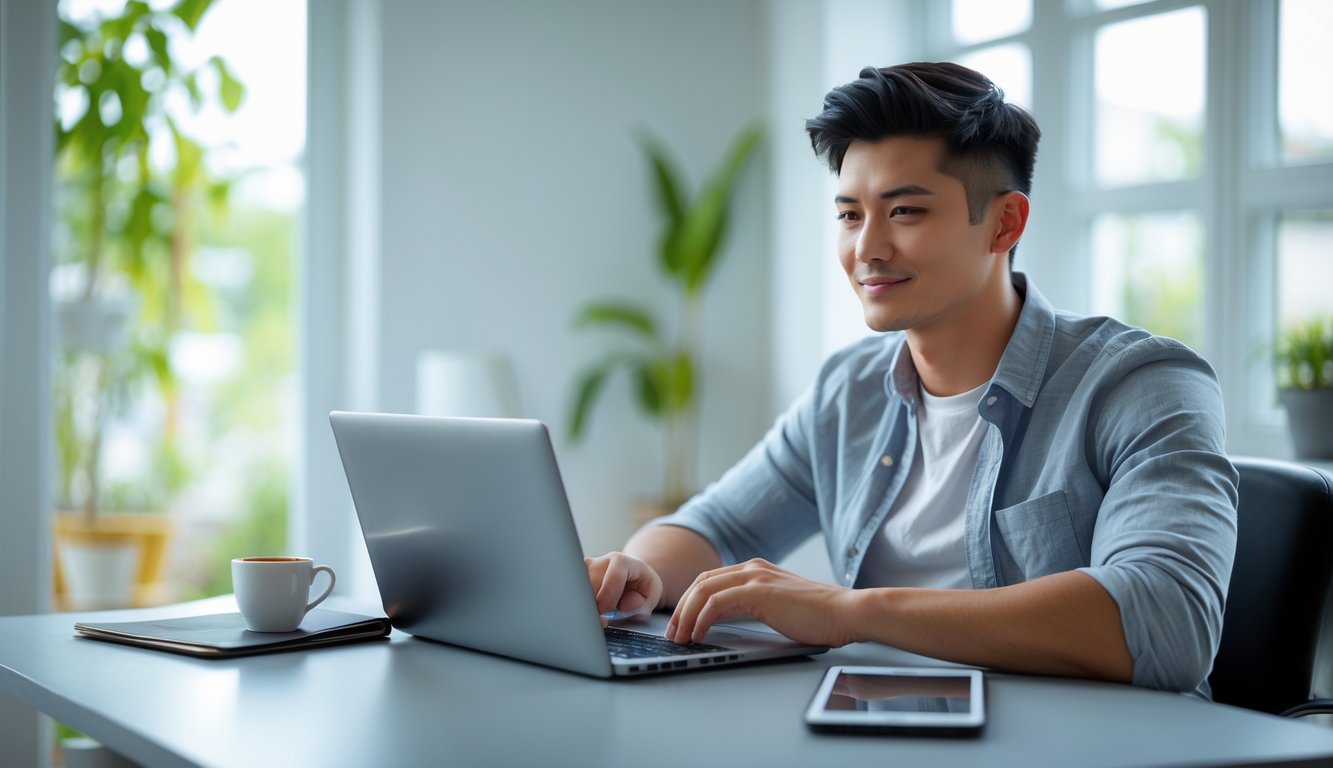 Seseorang duduk di meja kerja modern menggunakan laptop dengan ekspresi fokus dan lingkungan rumah yang terang dan rapi.