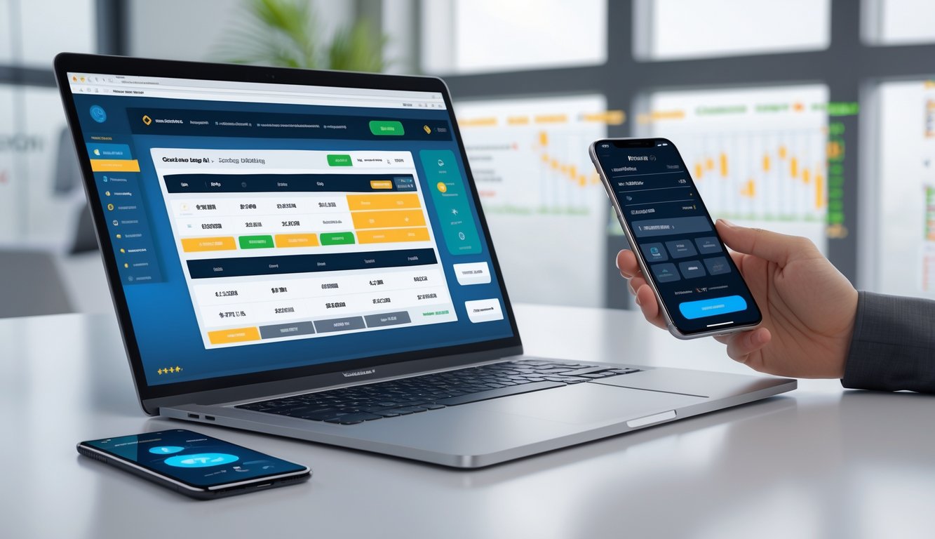 Seorang pengguna menggunakan laptop dan ponsel di meja modern untuk mengakses platform taruhan online dengan fitur taruhan campuran dan deposit cepat.