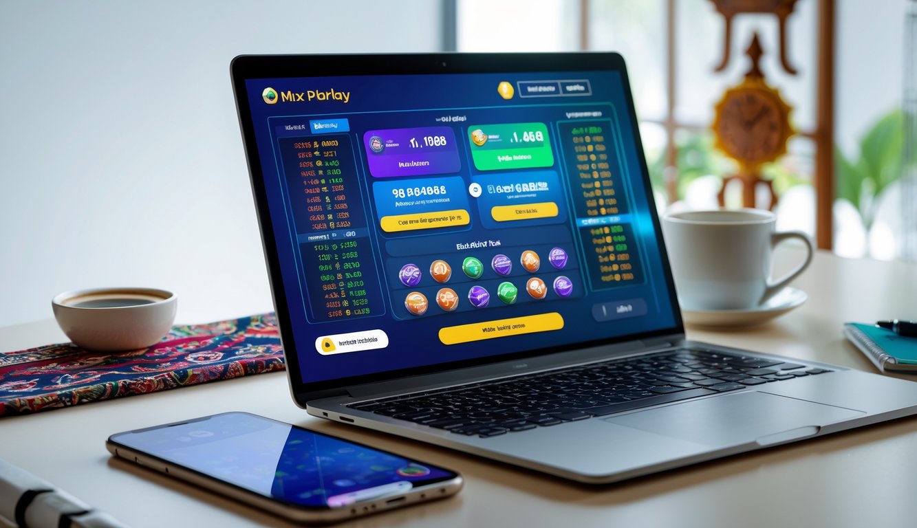 Meja kerja modern dengan laptop dan smartphone yang menampilkan aplikasi taruhan online, dikelilingi oleh cangkir kopi dan buku catatan, di sebuah ruangan kantor terang dengan hiasan budaya Indonesia.