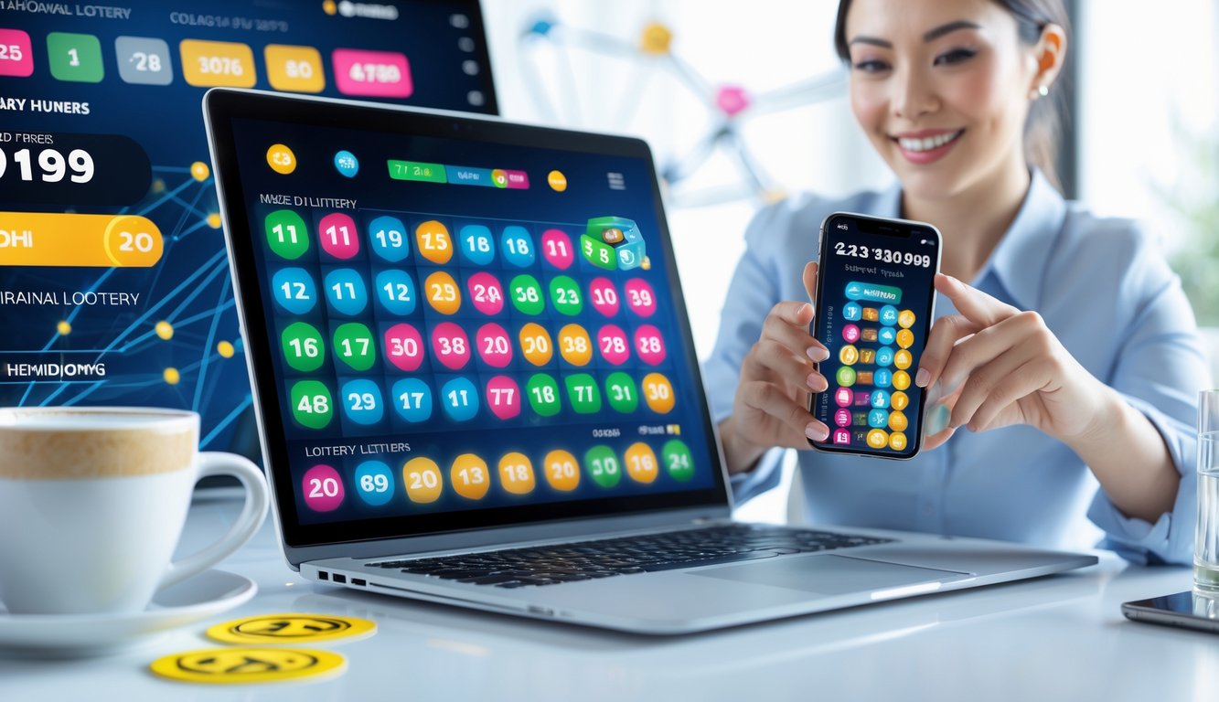 Seseorang menggunakan laptop dan ponsel untuk bermain lotre online di meja kerja yang rapi.