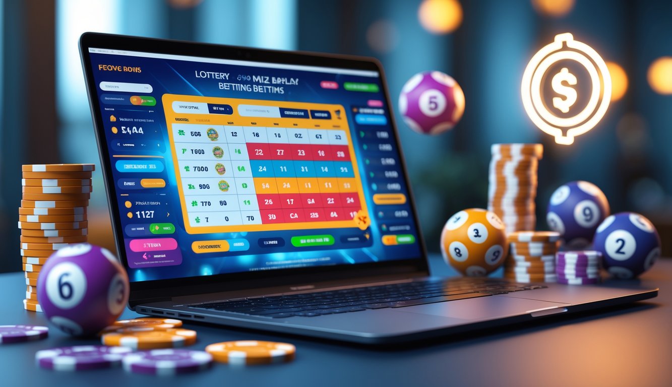 Seorang pengguna duduk di depan laptop dengan layar menampilkan situs taruhan togel dan mix parlay online, dikelilingi oleh chip kasino dan bola togel.