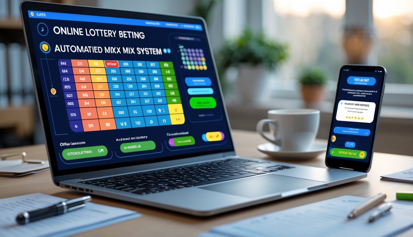 Seorang profesional bekerja dengan laptop dan ponsel yang menampilkan aplikasi taruhan togel online di meja kerja dengan cangkir kopi dan catatan.