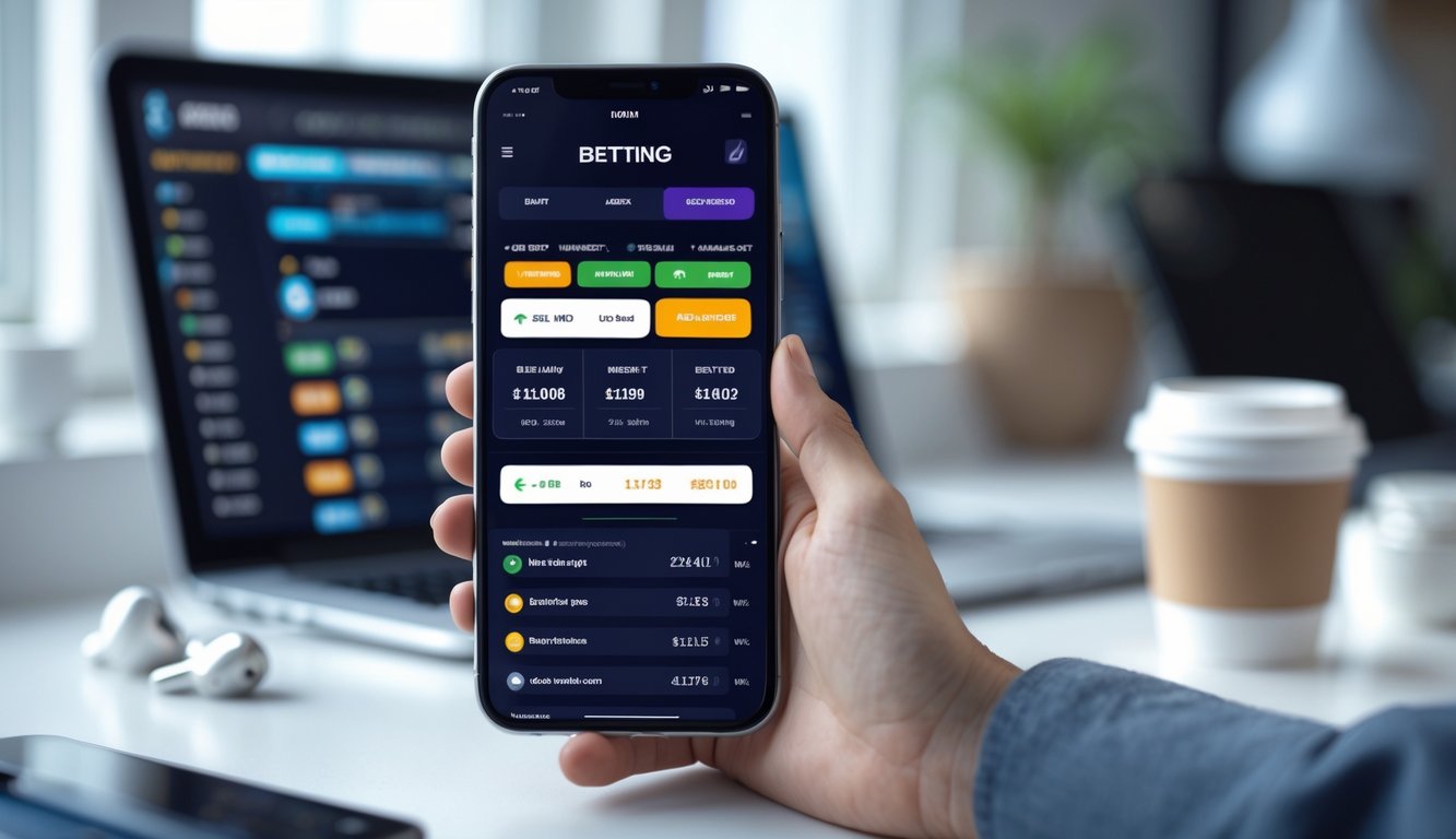 Seseorang menggunakan ponsel pintar dengan tampilan aplikasi taruhan online yang mudah digunakan di meja kerja yang rapi.