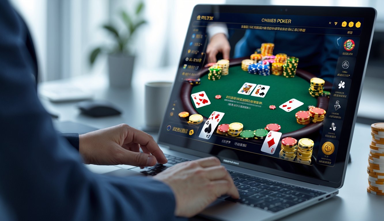 Seseorang menggunakan perangkat digital dengan tampilan permainan poker online Chinese Poker yang sedang berlangsung, di lingkungan kerja yang bersih dan terang.