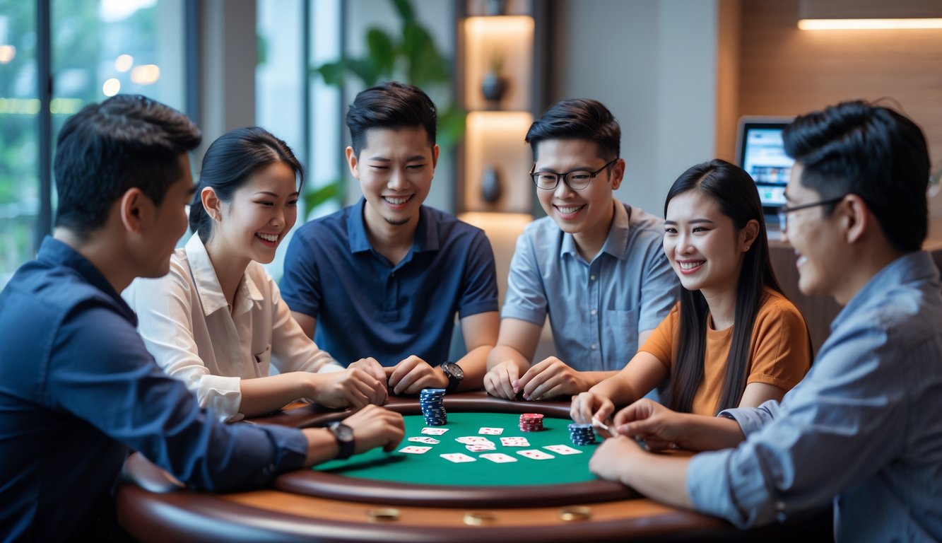 Sekelompok orang muda Indonesia bermain poker Cina di meja dengan kartu dan chip poker di ruangan yang terang dan nyaman.