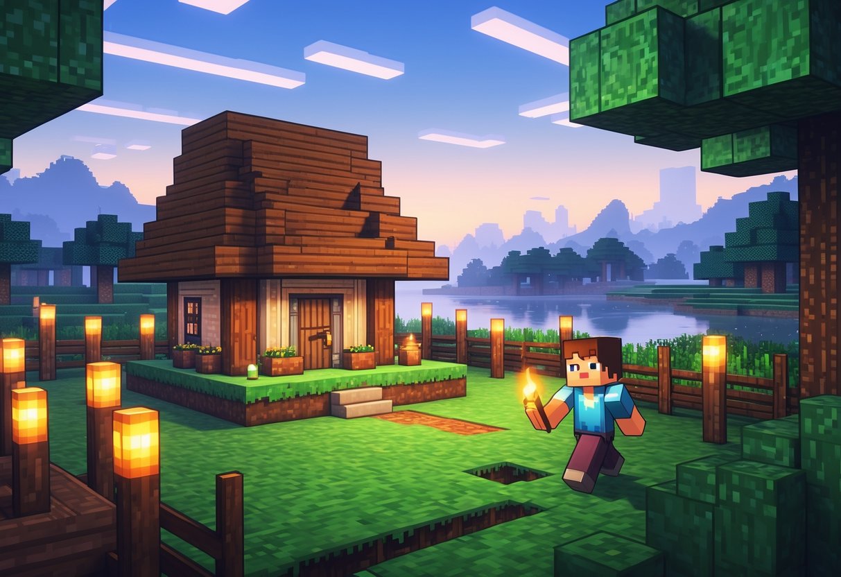 A small wooden Minecraft house with crops and torches, a young character placing a torch outside, surrounded by trees and a river at sunset.