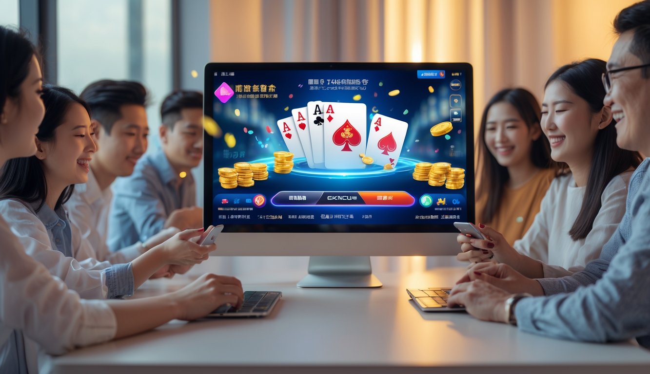 Orang-orang bermain poker Cina secara online di depan komputer dengan suasana hangat dan ceria.