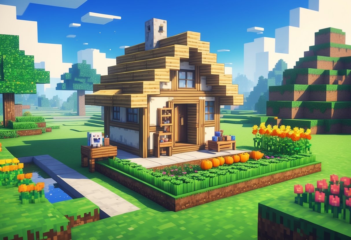A small wooden house with a garden and crafting area in a grassy Minecraft landscape under a clear sky.