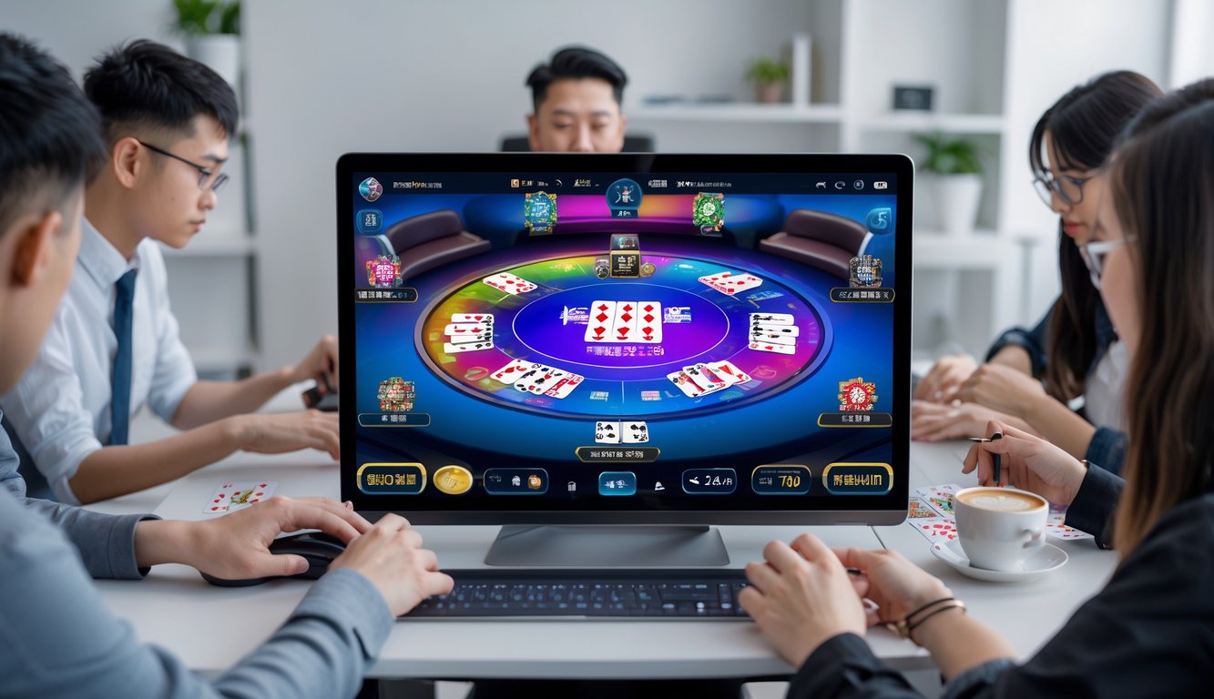 Seseorang bermain poker online dengan komputer yang menampilkan meja poker digital dan kartu Chinese Poker, di ruang kerja yang rapi.
