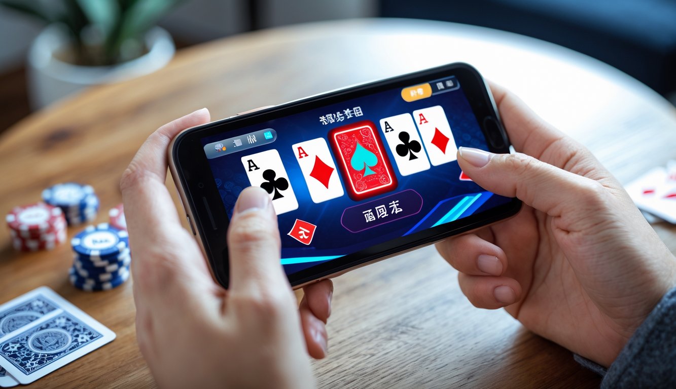 Seseorang memegang ponsel yang menampilkan permainan Chinese Poker dengan kartu dan chip poker di meja kayu.