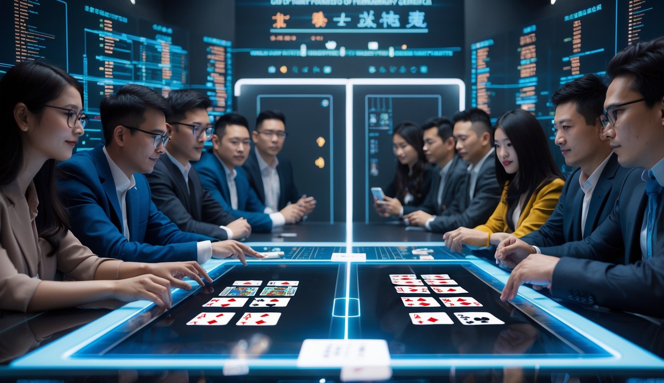 Beberapa orang bermain poker online dengan dua jenis permainan kartu yang berbeda ditampilkan di layar digital transparan di depan mereka.