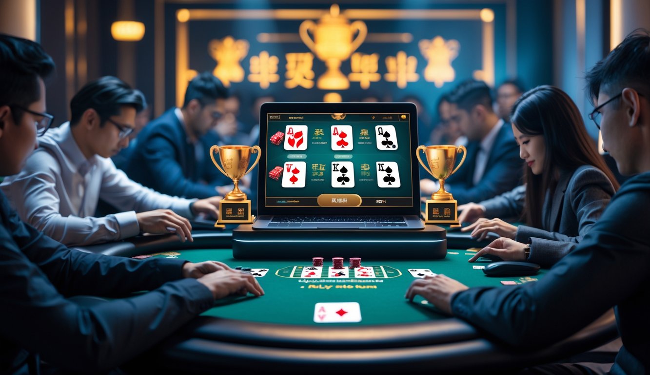 Beberapa orang bermain poker online Chinese Poker di ruangan dengan suasana turnamen dan hadiah besar.