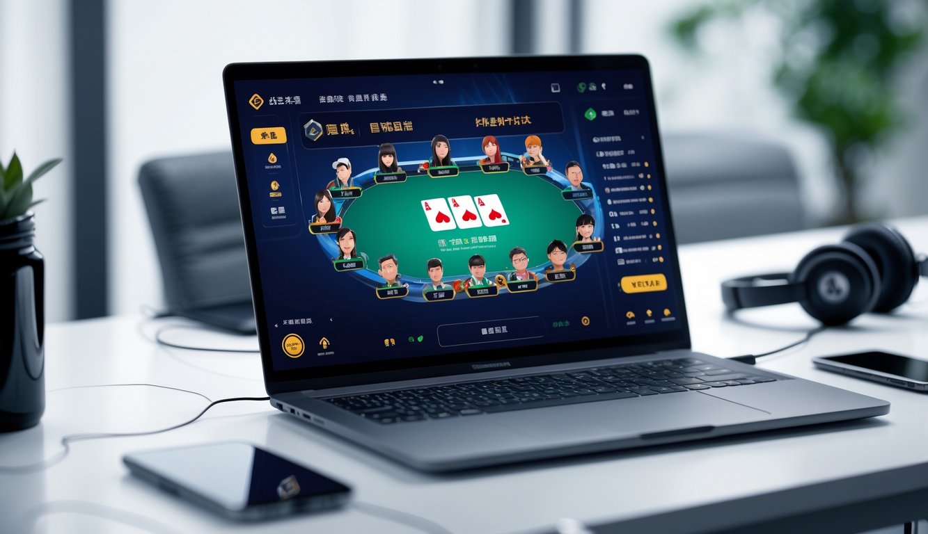 Layar laptop menampilkan permainan poker China online dengan beberapa avatar pemain di sekitar meja poker virtual.