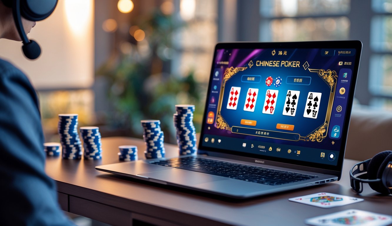 Sebuah meja dengan komputer menampilkan permainan poker Cina online, dikelilingi chip poker dan kartu remi, di ruang yang nyaman dan terang.